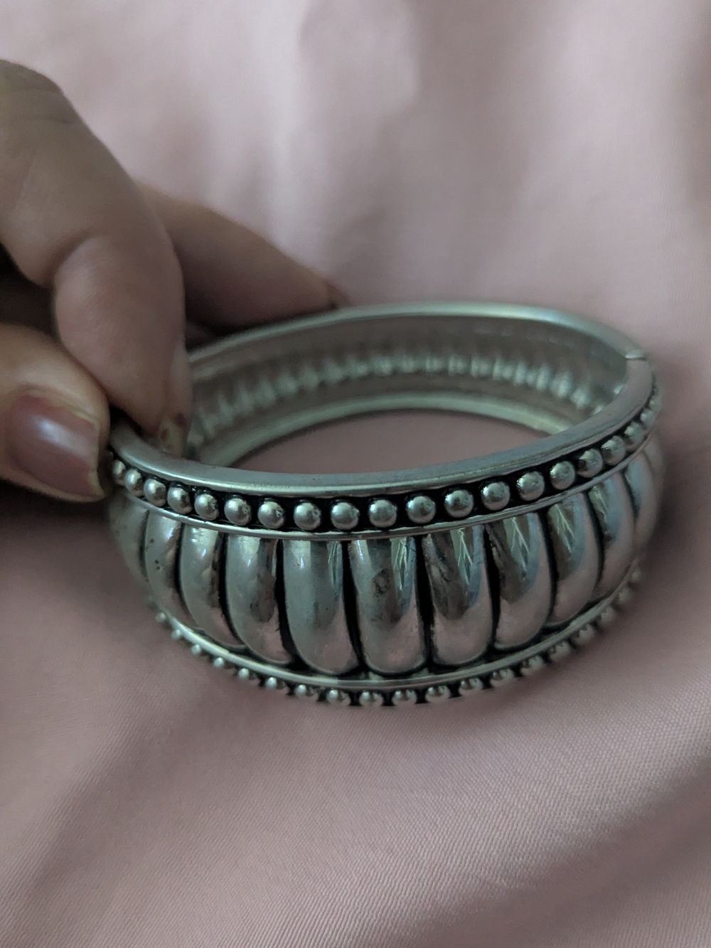 Sterling Silver Beaded Dome Bangle Bracelet - Silver